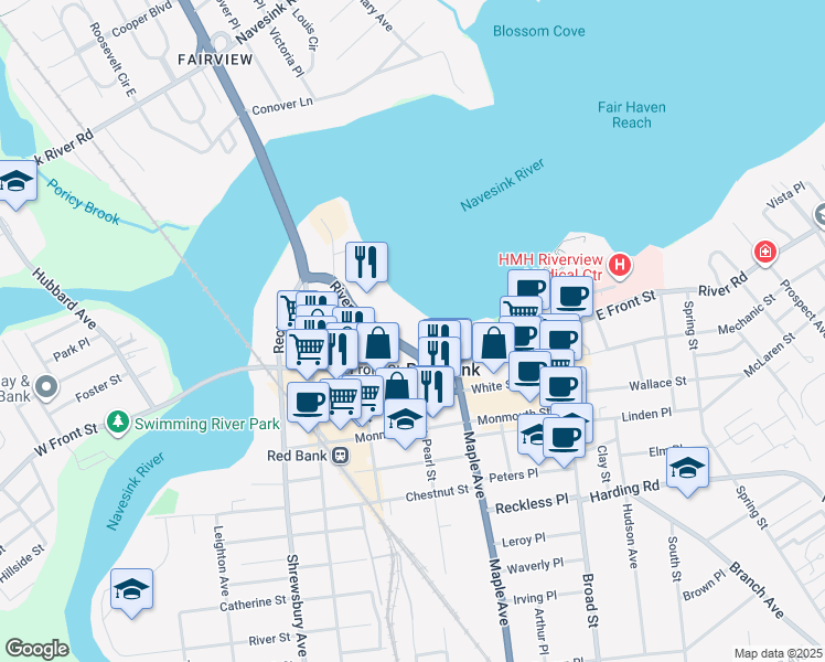 map of restaurants, bars, coffee shops, grocery stores, and more near 40 Riverside Avenue in Red Bank