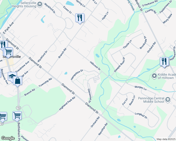 map of restaurants, bars, coffee shops, grocery stores, and more near 148 Hampshire Drive in Sellersville