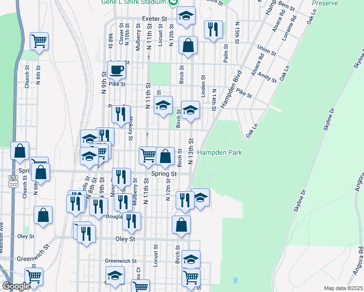map of restaurants, bars, coffee shops, grocery stores, and more near 1117 Birch Street in Reading