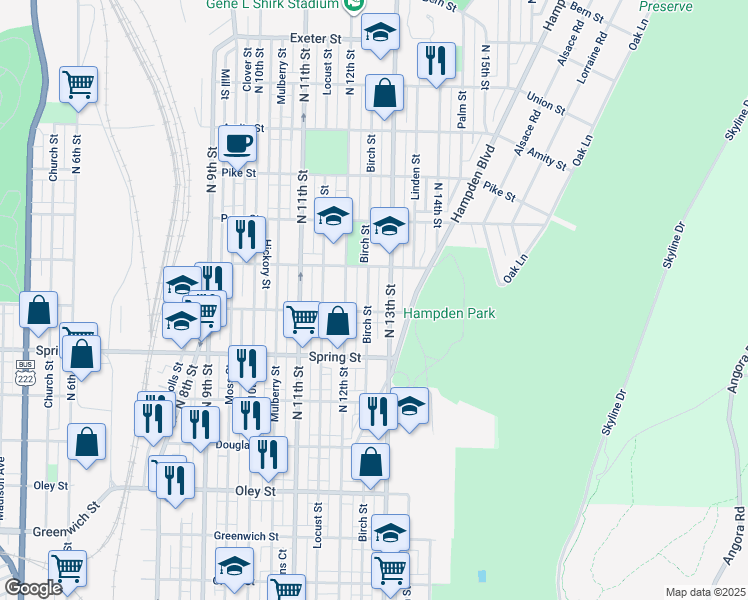 map of restaurants, bars, coffee shops, grocery stores, and more near 1117 Birch Street in Reading