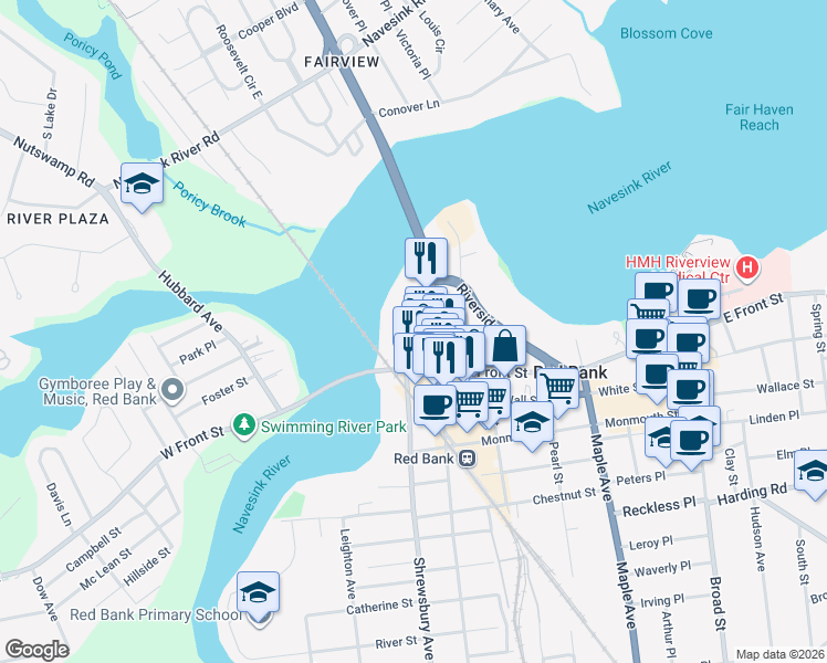 map of restaurants, bars, coffee shops, grocery stores, and more near 14 Bridge Avenue in Red Bank