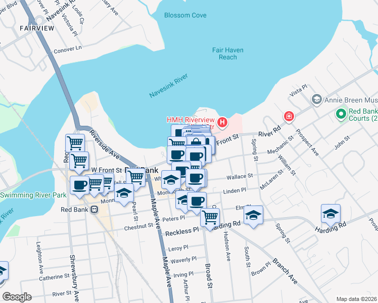 map of restaurants, bars, coffee shops, grocery stores, and more near 16 Broad Street in Red Bank
