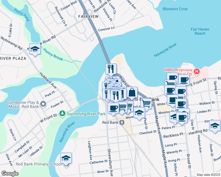 map of restaurants, bars, coffee shops, grocery stores, and more near 14 Bridge Avenue in Red Bank
