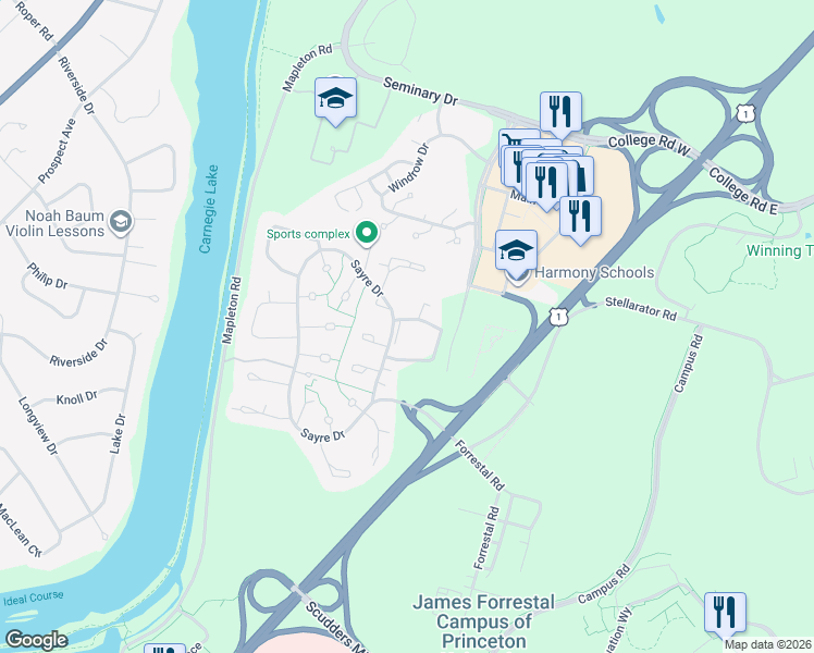 map of restaurants, bars, coffee shops, grocery stores, and more near 1301 Sayre Drive in Princeton
