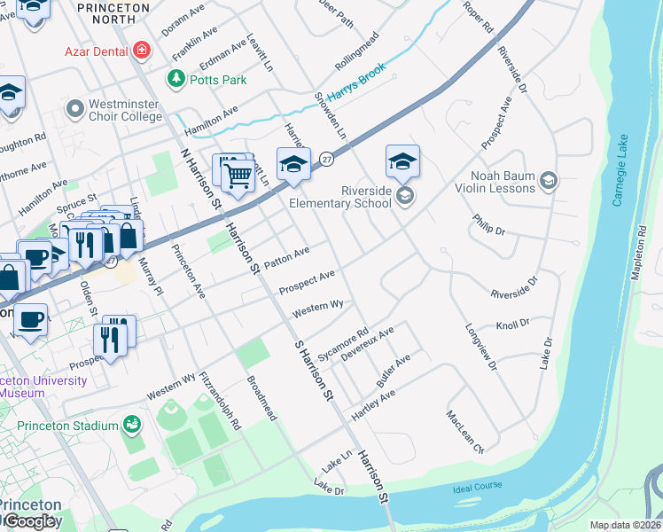map of restaurants, bars, coffee shops, grocery stores, and more near 261 Prospect Avenue in Princeton