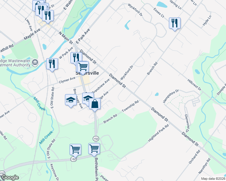 map of restaurants, bars, coffee shops, grocery stores, and more near 50 East Ridge Avenue in Sellersville