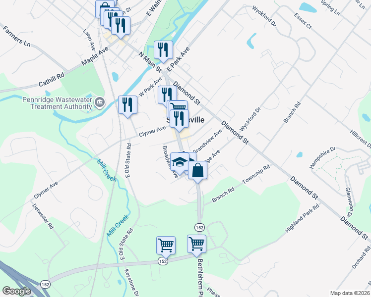 map of restaurants, bars, coffee shops, grocery stores, and more near 505 South Main Street in Sellersville