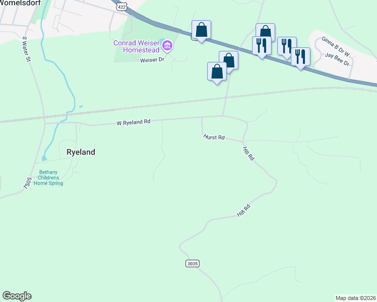map of restaurants, bars, coffee shops, grocery stores, and more near 15 Vince Julia Lane in Womelsdorf