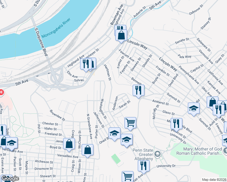 map of restaurants, bars, coffee shops, grocery stores, and more near 3830 Anderson in McKeesport