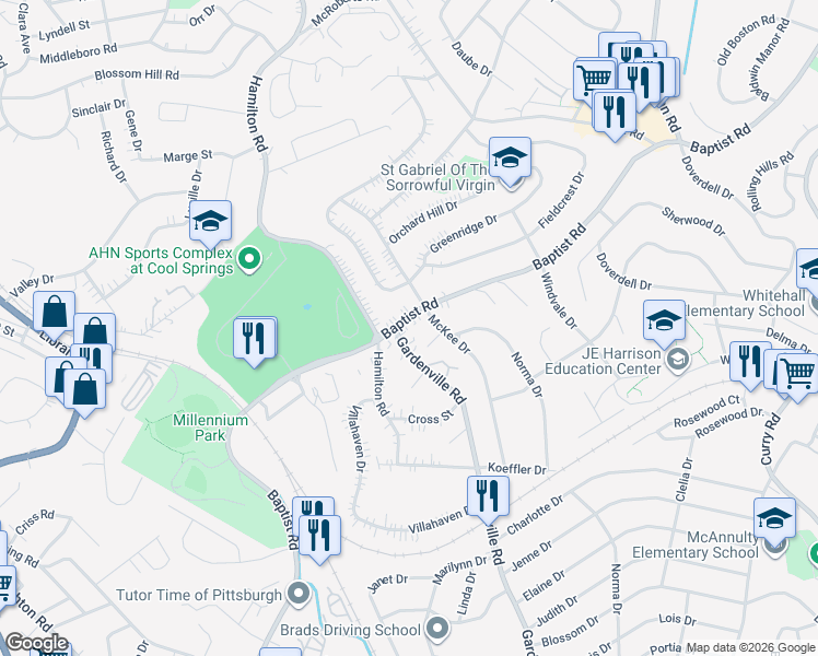 map of restaurants, bars, coffee shops, grocery stores, and more near 4521 Gardenville Road in Pittsburgh
