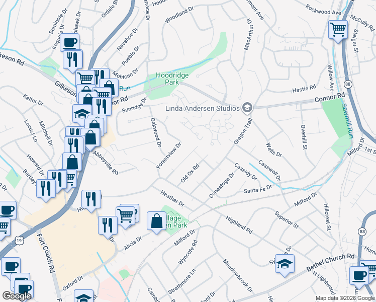 map of restaurants, bars, coffee shops, grocery stores, and more near 19 Old Ox Road in Bethel Park
