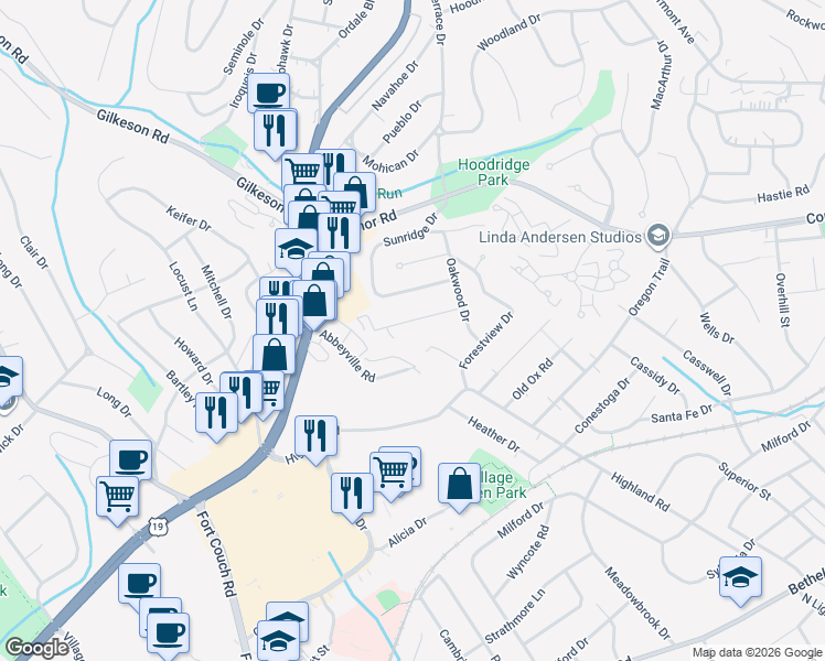map of restaurants, bars, coffee shops, grocery stores, and more near 435 Abbeyville Road in Pittsburgh