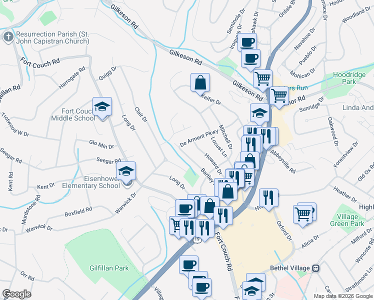 map of restaurants, bars, coffee shops, grocery stores, and more near 348 Clair Drive in Pittsburgh