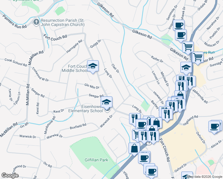 map of restaurants, bars, coffee shops, grocery stores, and more near 419 Fort Couch Road in Pittsburgh