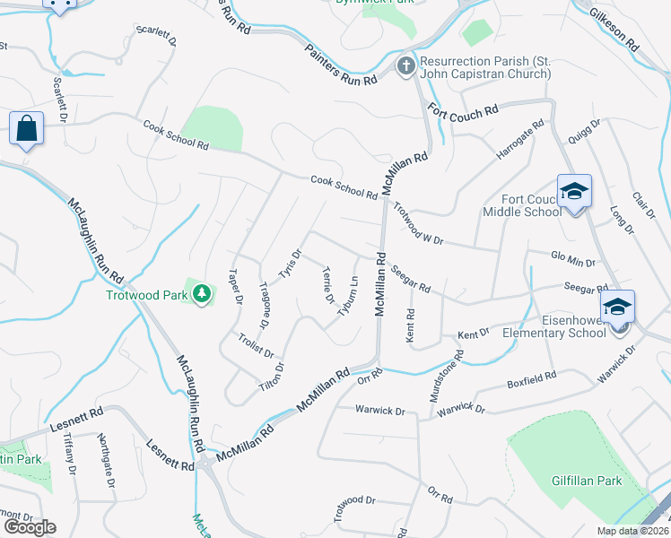 map of restaurants, bars, coffee shops, grocery stores, and more near 1621 Terrie Drive in Pittsburgh