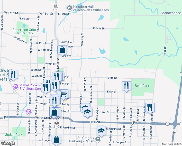map of restaurants, bars, coffee shops, grocery stores, and more near 502 East 7th Street in Maryville