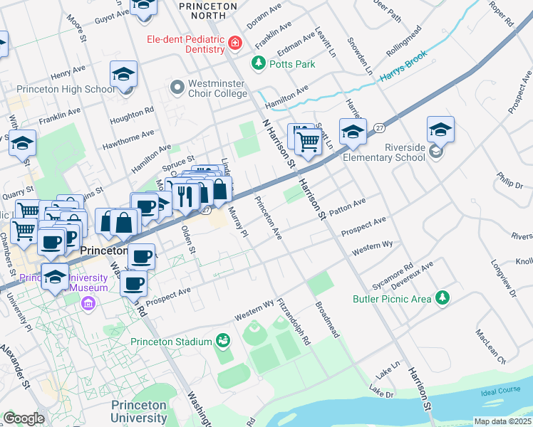 map of restaurants, bars, coffee shops, grocery stores, and more near 34 Princeton Avenue in Princeton