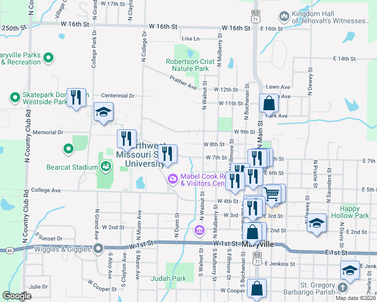 map of restaurants, bars, coffee shops, grocery stores, and more near 500-678 West 7th Street in Maryville