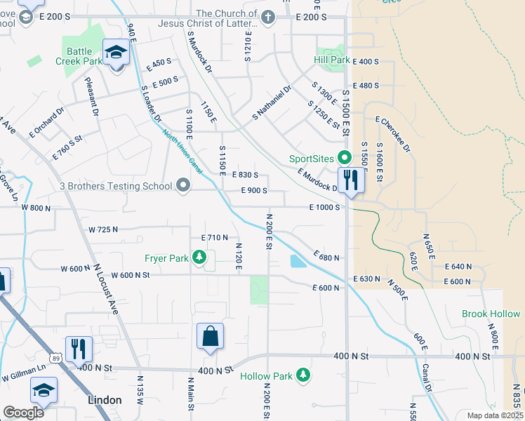 map of restaurants, bars, coffee shops, grocery stores, and more near 190 East 800 North in Lindon