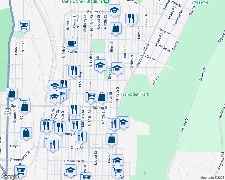 map of restaurants, bars, coffee shops, grocery stores, and more near 1119 Birch Street in Reading
