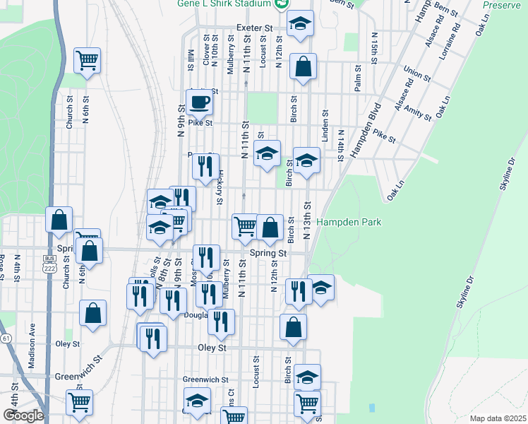 map of restaurants, bars, coffee shops, grocery stores, and more near 1113 Locust Street in Reading
