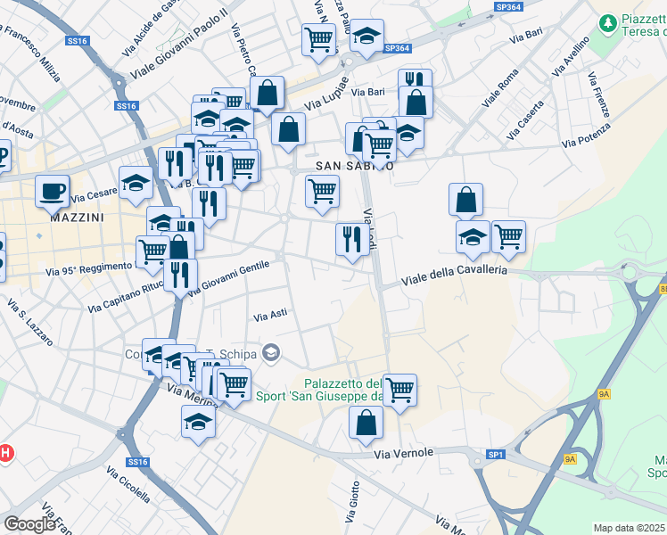 map of restaurants, bars, coffee shops, grocery stores, and more near 38 Via Francesco de Mura in San Cesario di Lecce