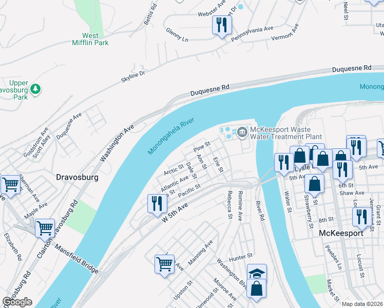 map of restaurants, bars, coffee shops, grocery stores, and more near 225 Dale Street in McKeesport