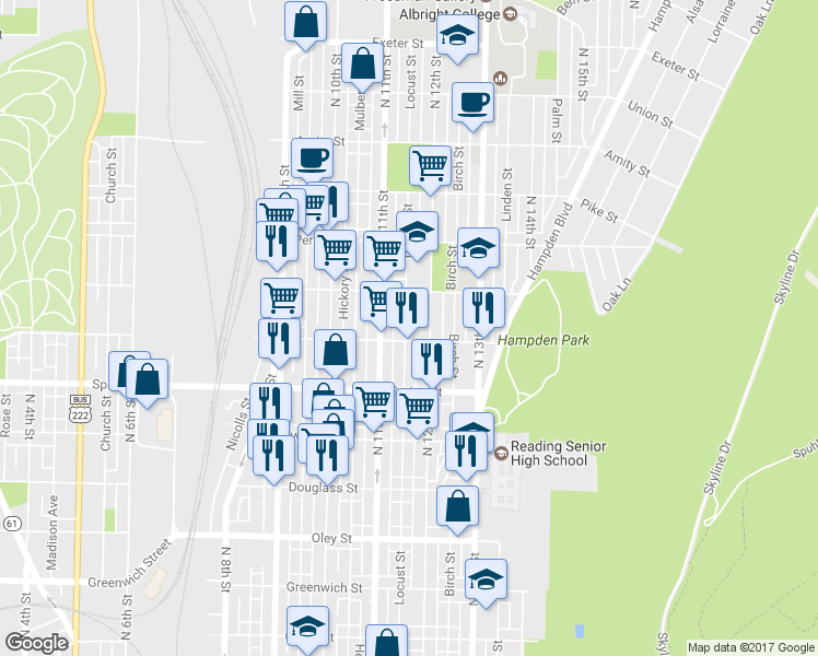 map of restaurants, bars, coffee shops, grocery stores, and more near 1113 Locust Street in Reading