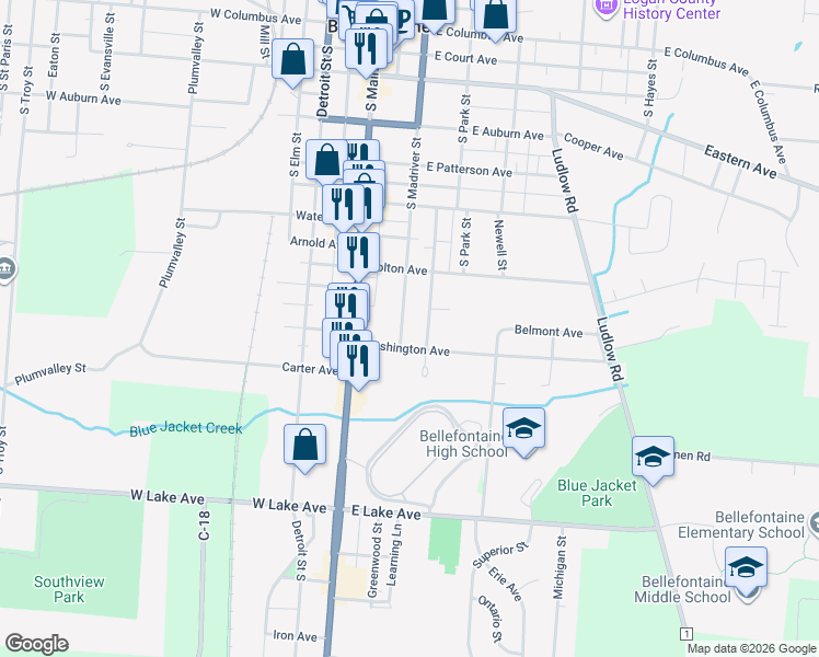 map of restaurants, bars, coffee shops, grocery stores, and more near 208 Washington Avenue in Bellefontaine