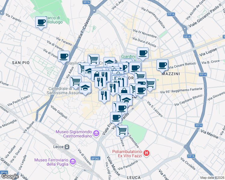 map of restaurants, bars, coffee shops, grocery stores, and more near 15 Via Giuseppe Verdi in Lecce
