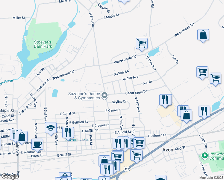 map of restaurants, bars, coffee shops, grocery stores, and more near 735 Sallyann Drive in Lebanon