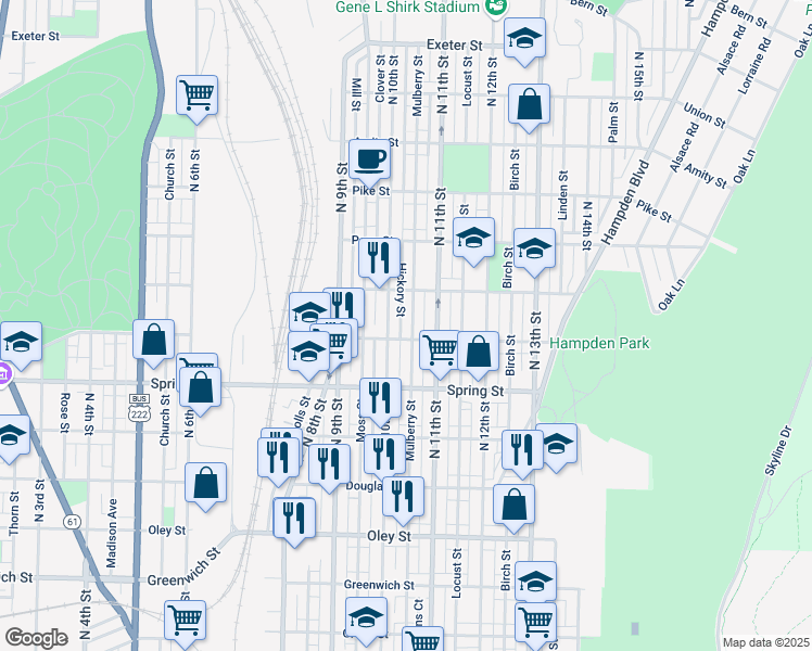 map of restaurants, bars, coffee shops, grocery stores, and more near 1030 Robeson Street in Reading