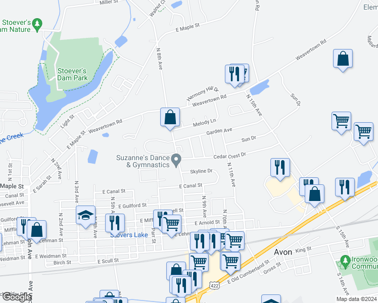 map of restaurants, bars, coffee shops, grocery stores, and more near 735 Sallyann Drive in Lebanon