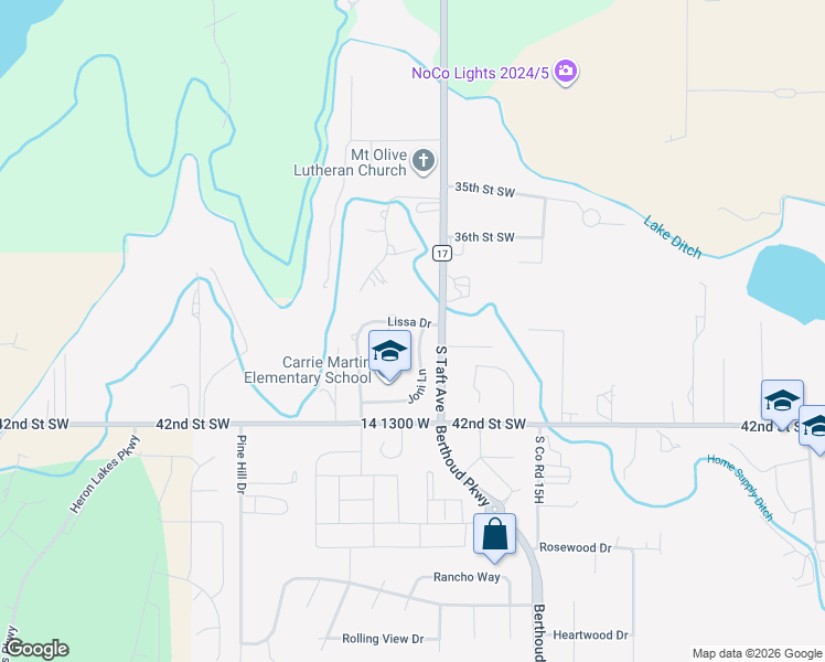 map of restaurants, bars, coffee shops, grocery stores, and more near 3907 Joni Lane in Loveland