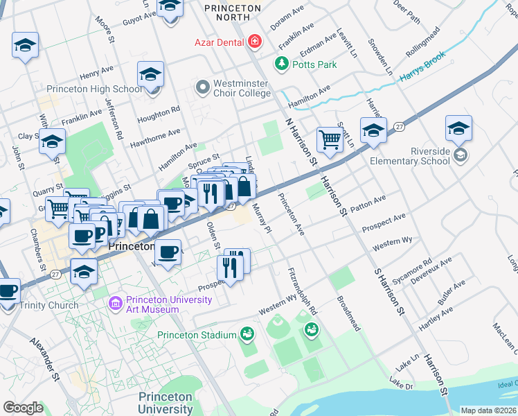 map of restaurants, bars, coffee shops, grocery stores, and more near 30 Murray Place in Princeton