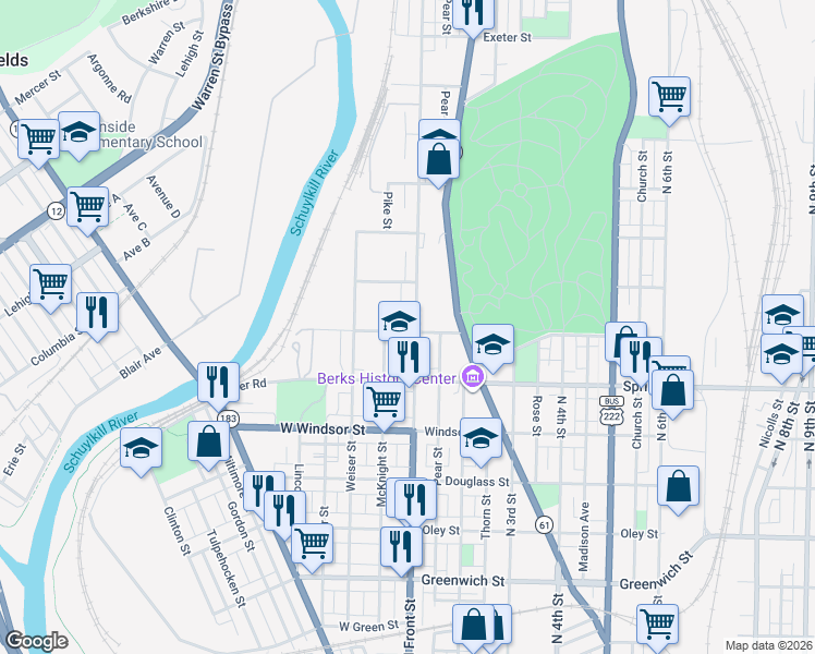 map of restaurants, bars, coffee shops, grocery stores, and more near 1000 North Front Street in Reading