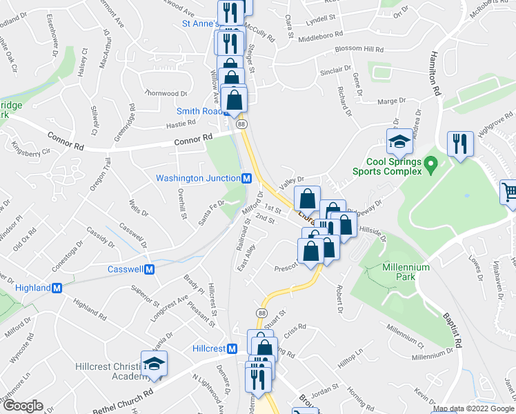map of restaurants, bars, coffee shops, grocery stores, and more near 4458 Third Street in Bethel Park