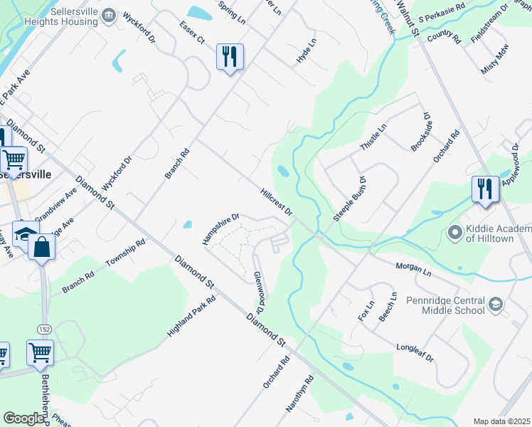 map of restaurants, bars, coffee shops, grocery stores, and more near 148 Hampshire Drive in Sellersville