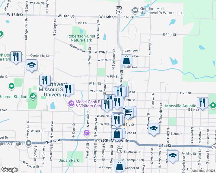 map of restaurants, bars, coffee shops, grocery stores, and more near 222 West 7th Street in Maryville