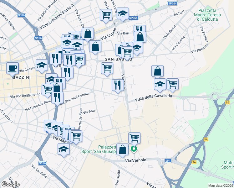 map of restaurants, bars, coffee shops, grocery stores, and more near 34-38 Via Francesco de Mura in Lecce