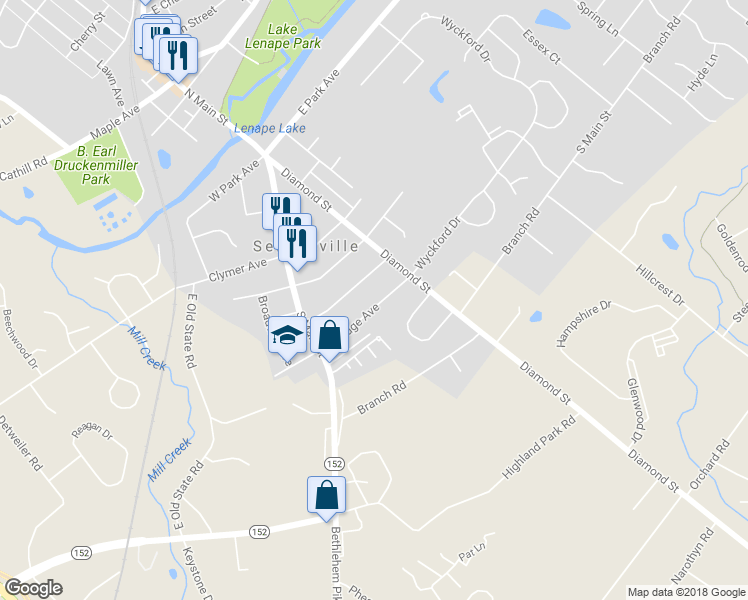 map of restaurants, bars, coffee shops, grocery stores, and more near 49 East Ridge Avenue in Sellersville
