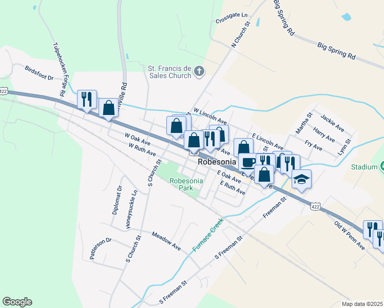map of restaurants, bars, coffee shops, grocery stores, and more near 48 West Penn Avenue in Robesonia