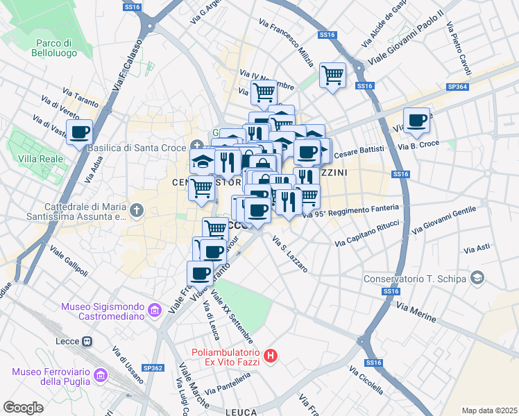 map of restaurants, bars, coffee shops, grocery stores, and more near 32 Via Salvatore Trinchese in Lecce