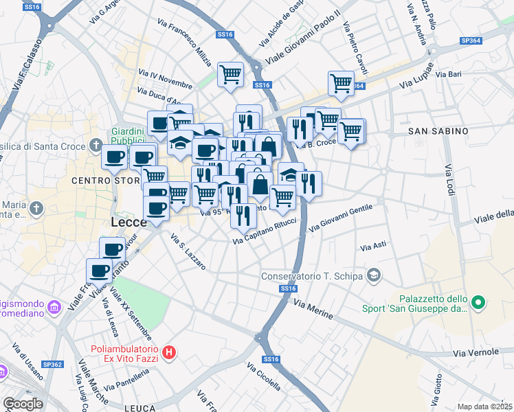 map of restaurants, bars, coffee shops, grocery stores, and more near in Lecce