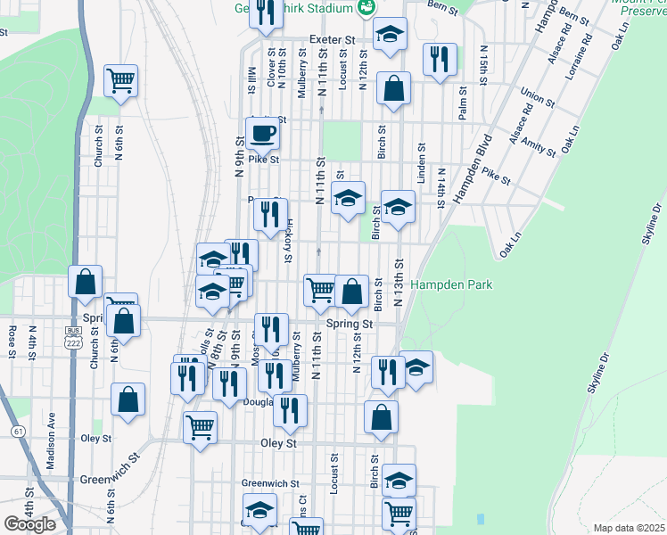 map of restaurants, bars, coffee shops, grocery stores, and more near 1122 Locust Street in Reading