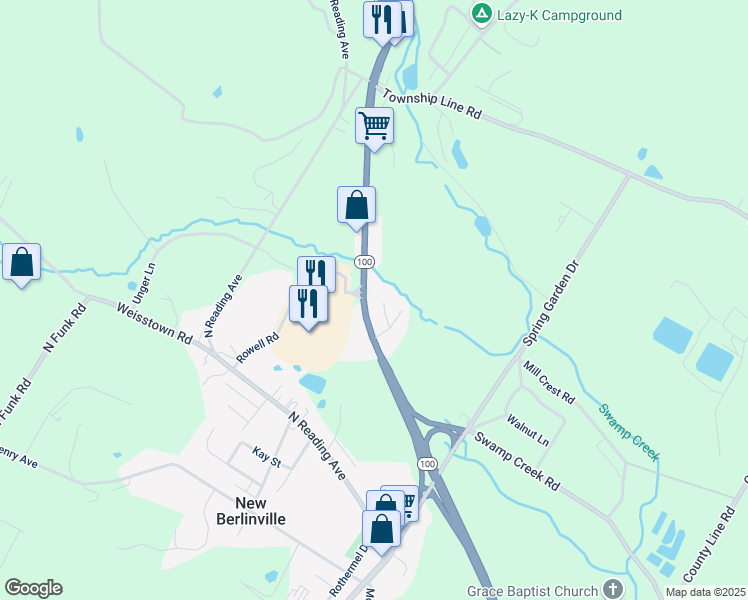 map of restaurants, bars, coffee shops, grocery stores, and more near 590 Pennsylvania 100 in Bechtelsville