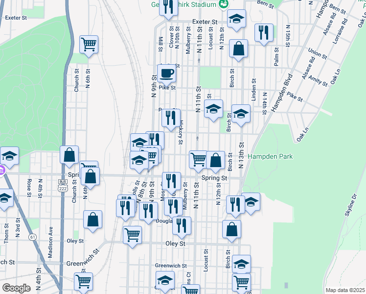 map of restaurants, bars, coffee shops, grocery stores, and more near 1161 Mulberry Street in Reading