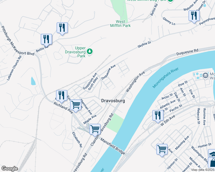 map of restaurants, bars, coffee shops, grocery stores, and more near 109 Mound Avenue in Dravosburg