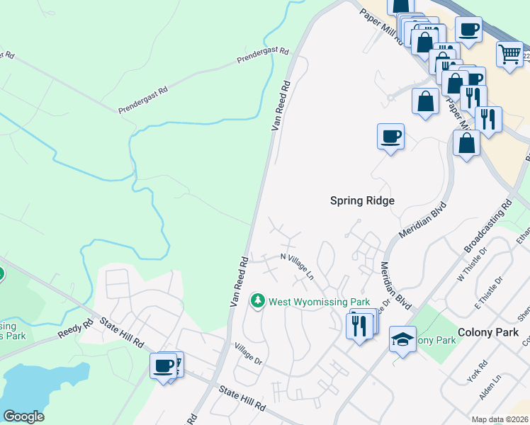 map of restaurants, bars, coffee shops, grocery stores, and more near 1745 Van Reed Road in Sinking Spring