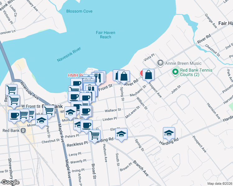 map of restaurants, bars, coffee shops, grocery stores, and more near 102 East Front Street in Red Bank